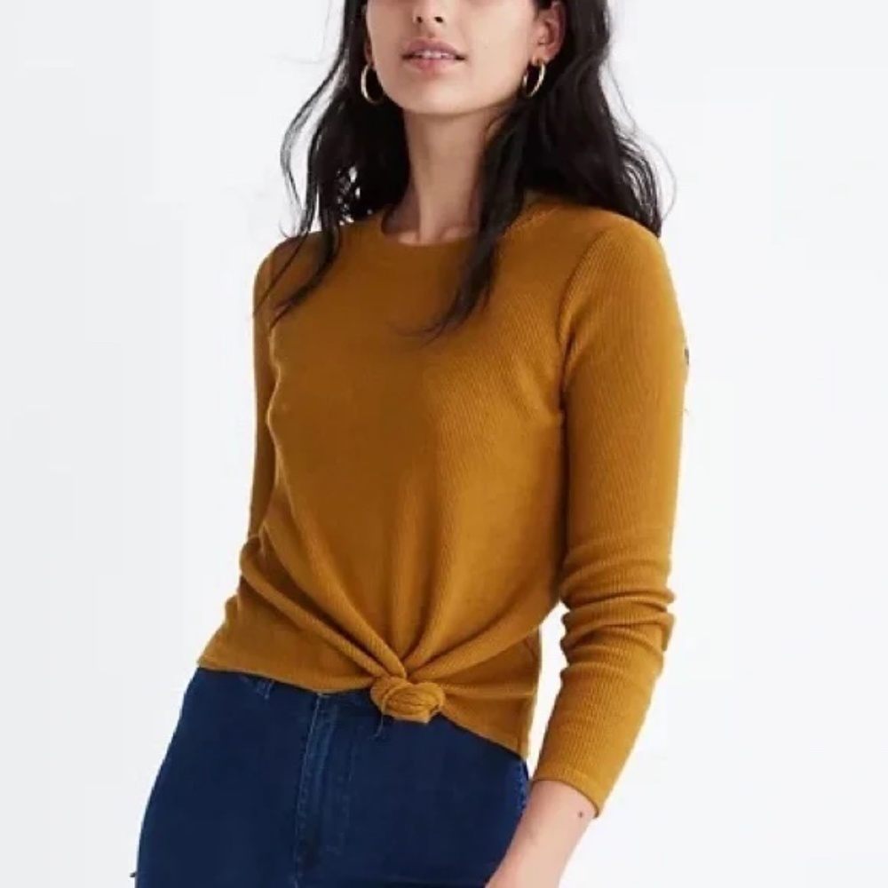 Madewell by Texture & Thread Jacquard Front Knot Knit Top in Dark Mustard - S